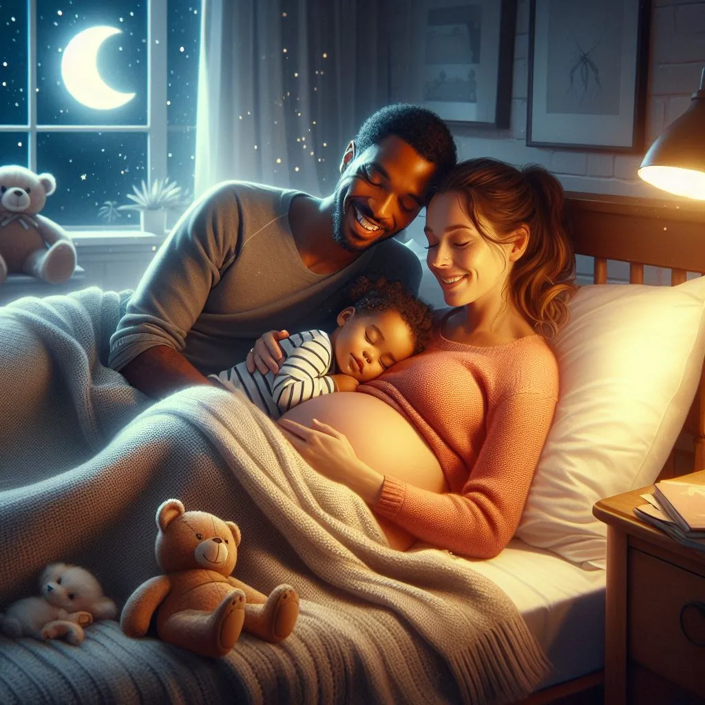 Preparing Your Child For A New Sibling - Of A Cosy Bedtime Scene With Parent, Older Child, And Baby Bump