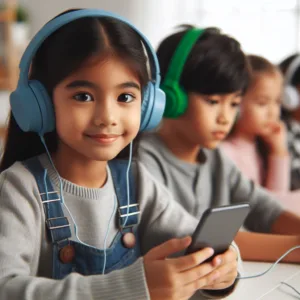 Childcare - Kids Wearing Headphones, Listening To A Podcast