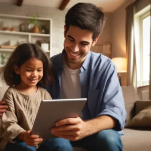 Child And Parent Using A Digital Device Together At Home - Early Childhood Education