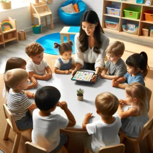 Teacher Using A Tablet To Show Content To Children Early Childhood Education Applebee Kids Preschool